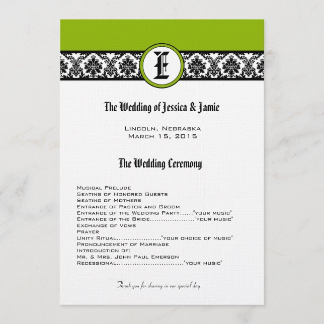 Monogram Black Damask Hochzeitsprogramm Programm (Vorderseite)