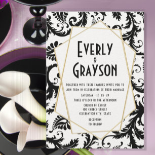 Monogram Black Damask Pink & Wedding Einladungen