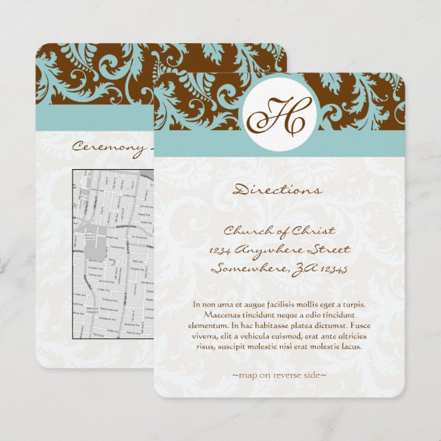 Monogram Black Damask Swirl Wedding Direction Card Einladung (Vorne/Hinten)