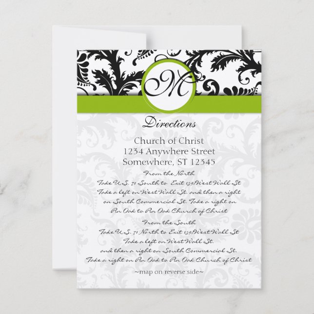 Monogram Black Damask Swirl Wedding Direction Card Einladung (Vorderseite)