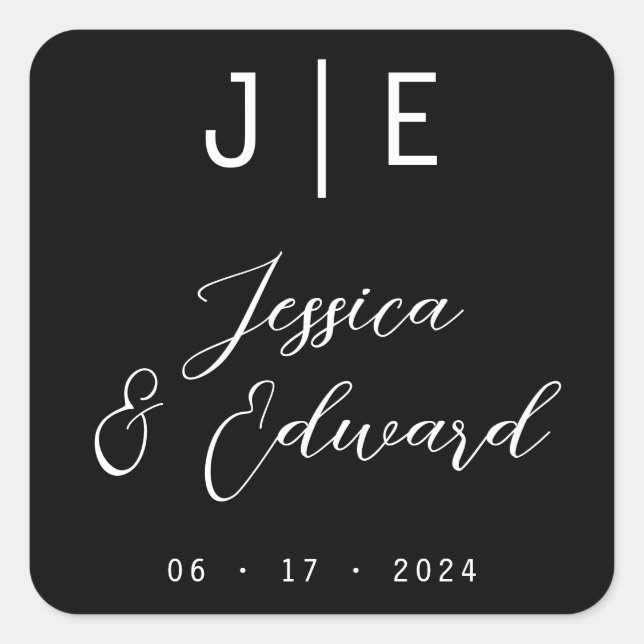 Monogram Black Elegant Script Couple Name Modern Quadratischer Aufkleber (Vorderseite)