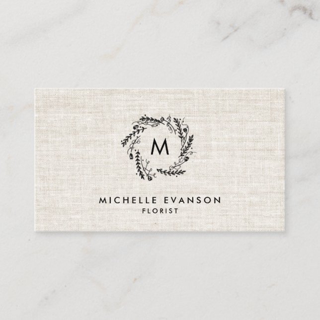 Monogram Black Floral Wreath Tan Linen Florist Visitenkarte (Vorderseite)