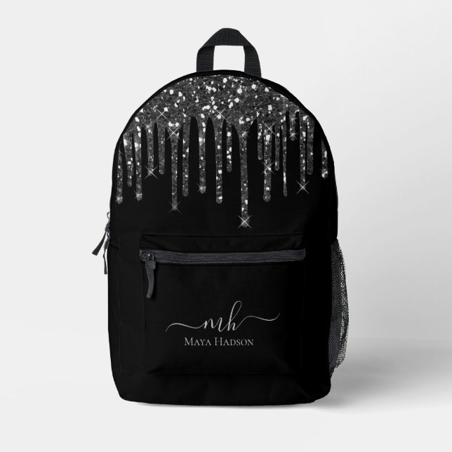 Monogram Black Glitzer Tropfen Bedruckter Rucksack (Vorderseite)