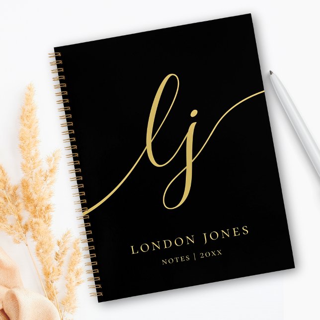 Monogram Black Gold Calligraphy 2 Initial Script Notizbuch (Von Creator hochgeladen)