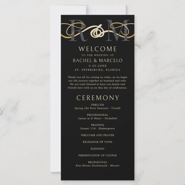 Monogram Black Gold Elegant Wedding Program (Vorderseite)