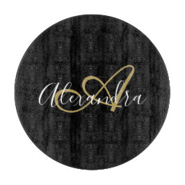 Monogram Black Gold Elegante Script Name Koch Schneidebrett
