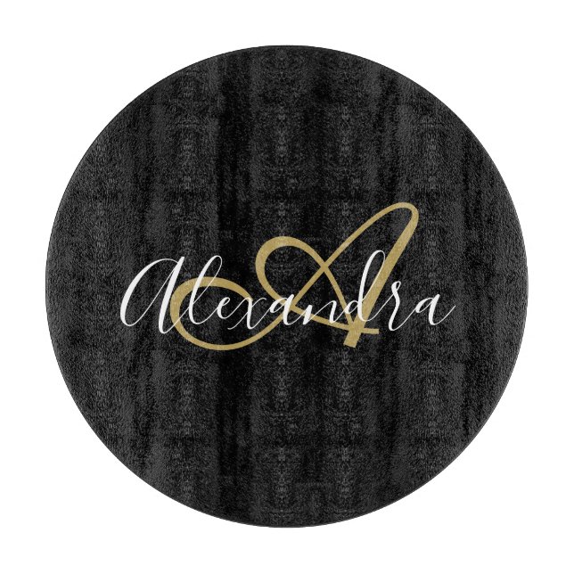 Monogram Black Gold Elegante Script Name Koch Schneidebrett (Vorderseite)