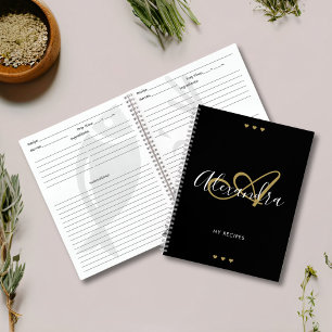 Monogram Black Gold Elegante Script Name Rezept Notizbuch