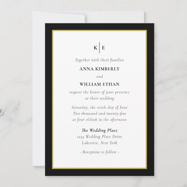 Monogram Black Gold - Familien zum Hochzeitsempfan Einladung (Vorderseite)
