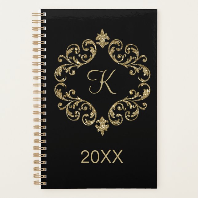 Monogram Black Gold Glitzer Trendy Chic Stilvoll Planer (Vorderseite)