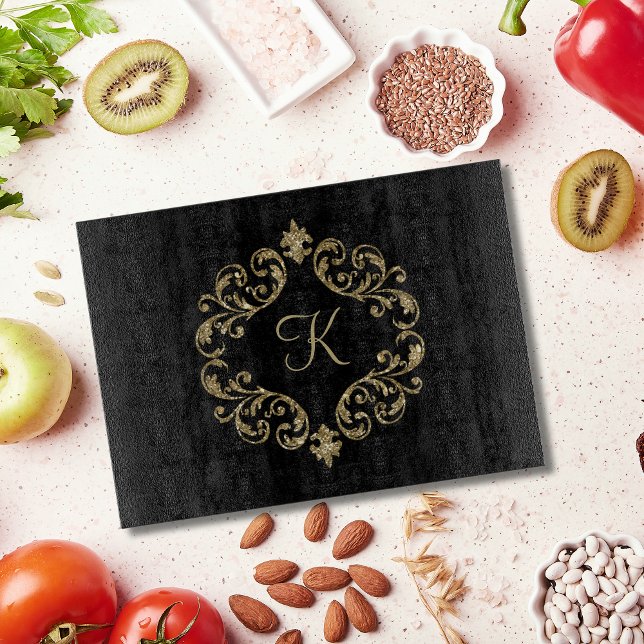 Monogram Black Gold Glitzer Trendy Chic Stilvoll Schneidebrett (Black Gold Glitter Monogrammed Initial Cutting board. Bridal Shower Wedding Gift idea)
