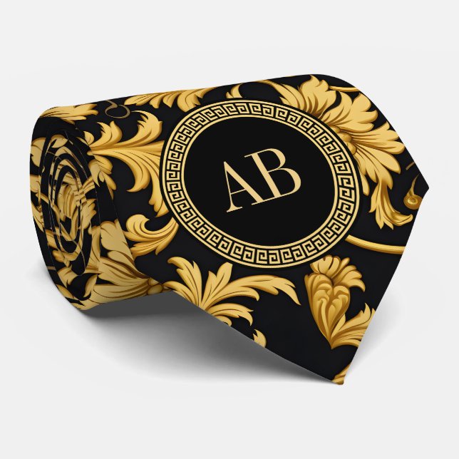 Monogram Black Gold Klasse Elegantes Muster Krawatte (Gerollt)
