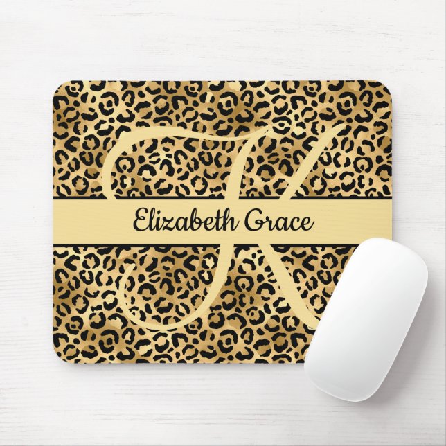 Monogram Black Gold Leopard Print Cheetah Animal Mousepad (Mit Mouse)