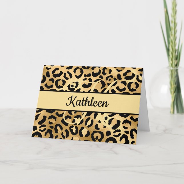 Monogram Black Gold Leopard Print Cheetah Gruß Karte (Vorderseite)