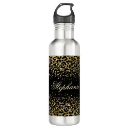 Monogram Black Gold Leopard Print Glitzer Overlay Edelstahlflasche