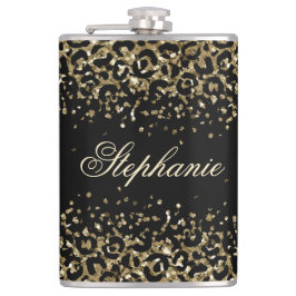 Monogram Black Gold Leopard Print Glitzer Trendy Flachmann