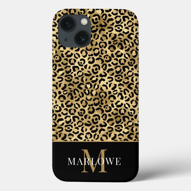 Monogram Black Gold Leopard Spots Muster Case-Mate iPhone Hülle (Rückseite)
