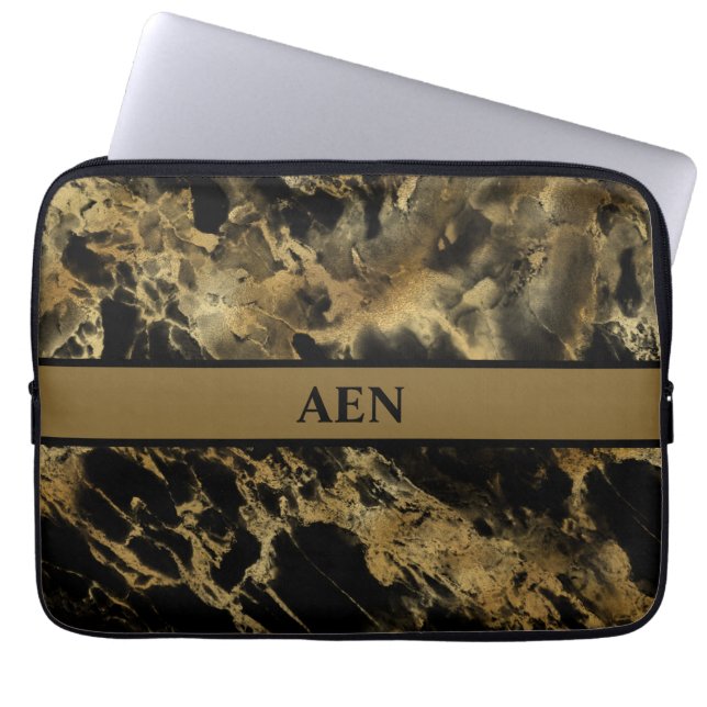 Monogram Black Gold Marmor Agate Modernes Trendy Laptopschutzhülle (Vorderseite)