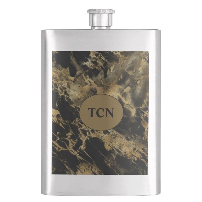 Monogram Black Gold Marmor Agate Trauzeuge Geschen Flachmann (Vorderseite)