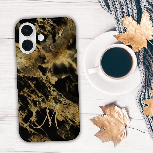 Monogram Black Gold Marmor Aquarell Alkohol Tinte iPhone 16 Hülle (Monogram Initial Black Gold Watercolor wash alcohol ink iPhone case)