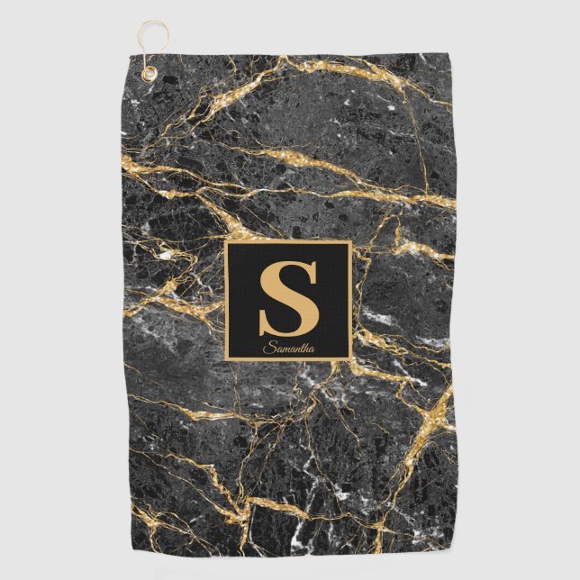 Monogram Black Gold Marmorname Golfhandtuch (Vorderseite)
