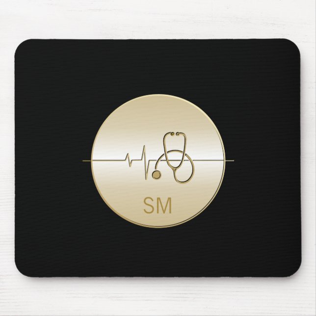 Monogram Black Gold Medical Stethoscope Heartbeat Mousepad (Vorne)