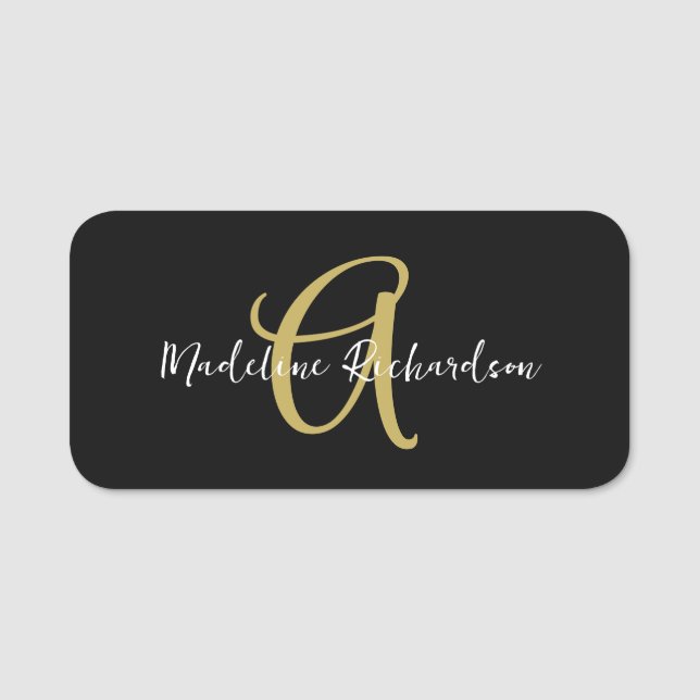 Monogram Black Gold Moderne Minimalistisch Feminin Namensschild (Vorderseite)