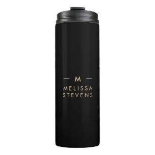 Monogram Black Gold Modernes Chic Elegant Thermosbecher