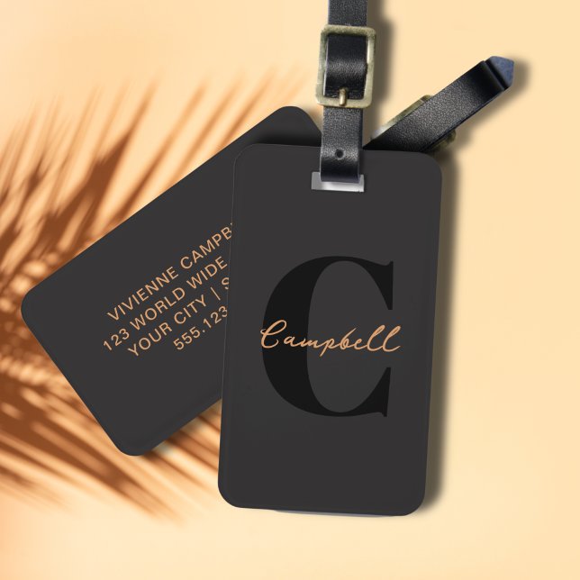 Monogram Black Gold Modernes Minimalistisches Eleg Gepäckanhänger (Black Gold Elegant Monogram Luggage Tag)