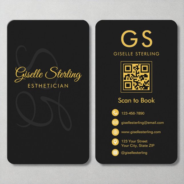 Monogram Black Gold QR Code Beauty Visitenkarte (Von Creator hochgeladen)