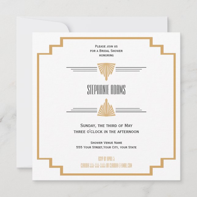 Monogram Black, Gold und White Art Deco Bridal Einladung (Vorderseite)