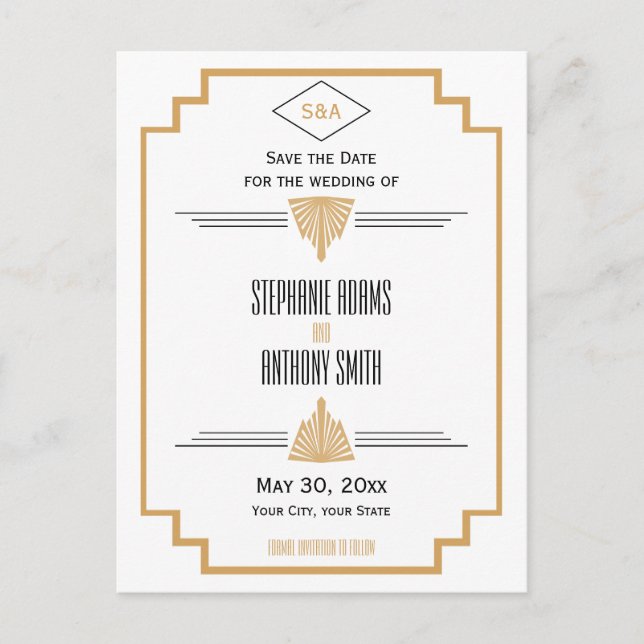 Monogram Black, Gold und White Art Deco Hochzeit Ankündigungspostkarte (Vorderseite)