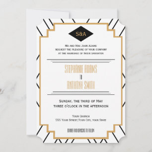 Monogram Black, Gold und White Art Deco Hochzeit Einladung