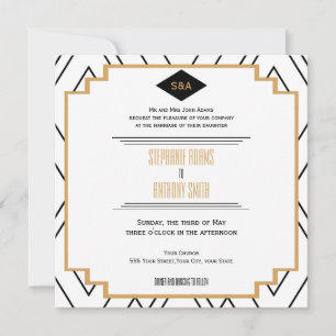 Monogram Black, Gold und White Art Deco Hochzeit Einladung