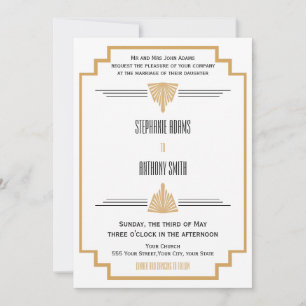 Monogram Black, Gold und White Art Deco Hochzeit Einladung