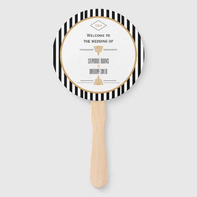 Monogram Black, Gold und White Art Deco Hochzeit Fächer (Vorderseite)