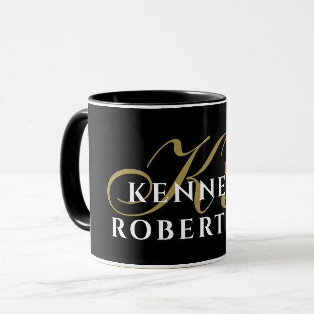 Monogram Black Gold White Name Minimalist Elegant  Tasse (Vorderseite Links)