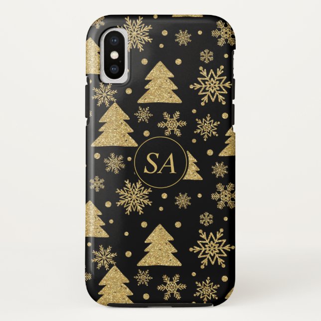 Monogram Black Golden Christmas Tree Snowflakes Case-Mate iPhone Hülle (Rückseite)