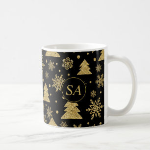Monogram Black Golden Christmas Tree Snowflakes Kaffeetasse
