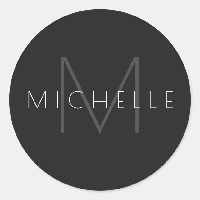 Monogram Black Gray White Modern Stylish Name Runder Aufkleber (Vorderseite)