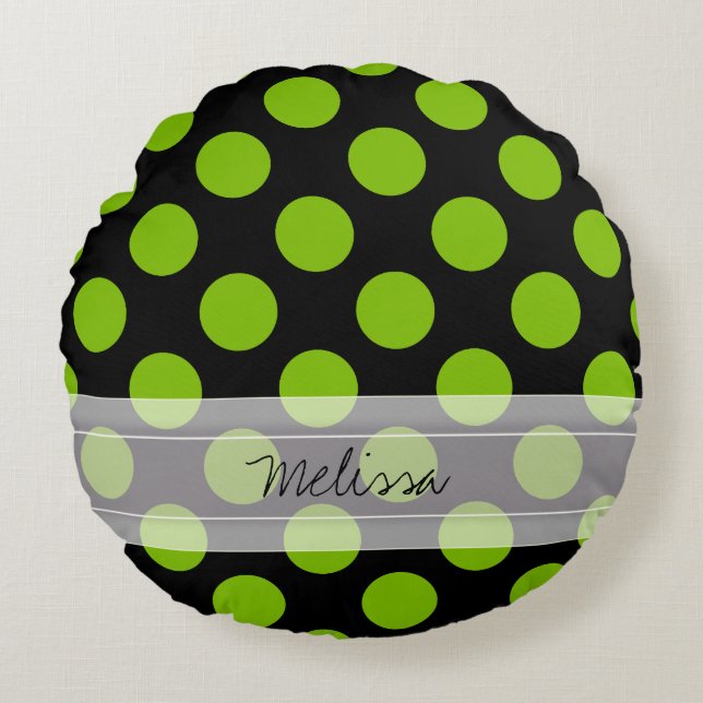 Monogram Black Green Chic Polka Dot Pattern Rundes Kissen (Vorderseite)