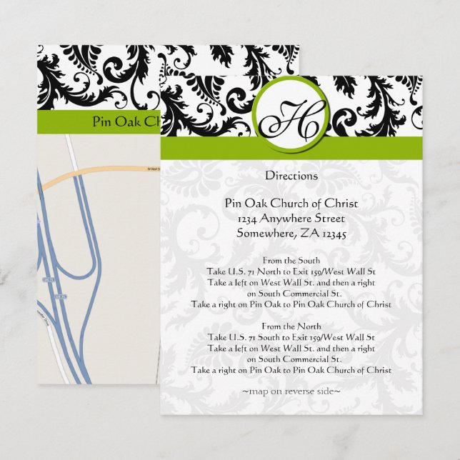 Monogram Black & Green Damask Richtungskarte Einladung (Vorne/Hinten)