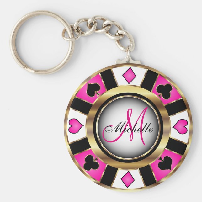 Monogram Black, Hot Pink und Gold Las Vegas Style Schlüsselanhänger (Vorne)