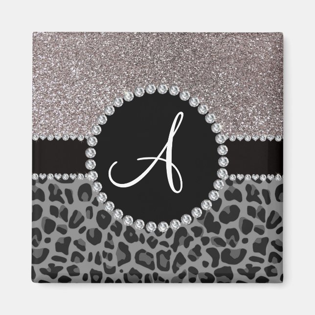 Monogram Black Leopard Silber Glitzer Magnet (Vorne)