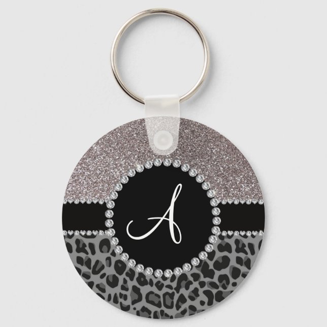 Monogram Black Leopard Silber Glitzer Schlüsselanhänger (Vorderseite)
