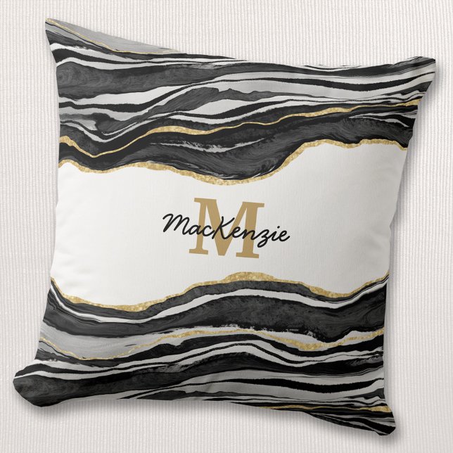 Monogram Black Marble Agate Gold Glitzer Kissen (Von Creator hochgeladen)