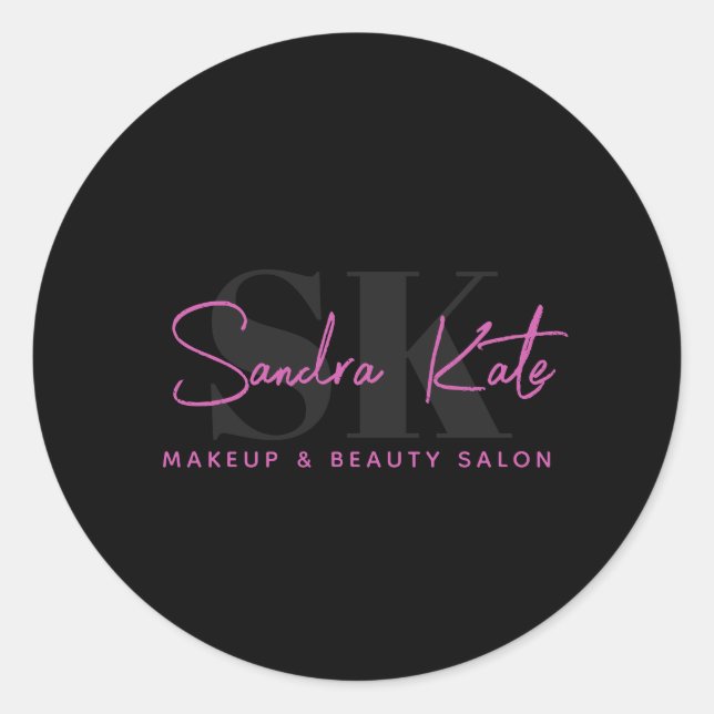 Monogram Black Neon Pink Beauty Salon Benutzerdefi Runder Aufkleber (Vorderseite)