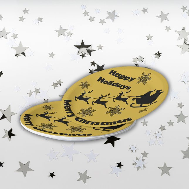 Monogram Black on Gold Frohe Weihnachten | Pappteller (Von Creator hochgeladen)