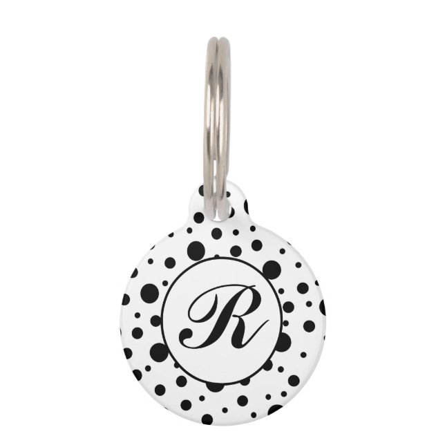 Monogram Black on White Polka Dot Pattern Haustiermarke (Vorderseite)