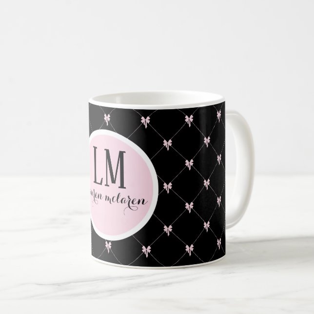 Monogram Black & Pink Bow Script Kaffeetasse (VorderseiteRechts)